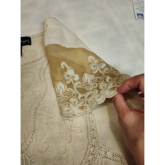 Gretty Zueger Blouse Women's Short Sleeve Tunic Lace burnout sleeves Ecru Medium - Picture 5 of 9